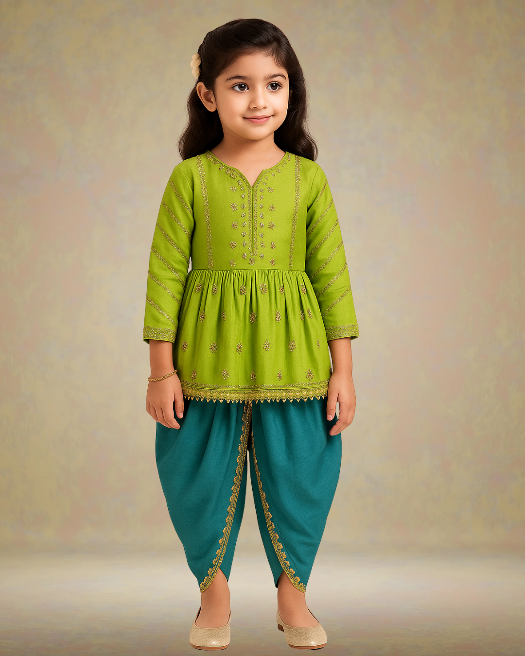 Gold Zari-Embroidered peplum-style top paired with a classic Dhoti. - My Store