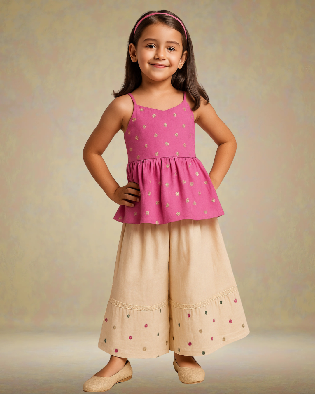 Flared Peplum Chanderi Top Featuring Delicate Motifs work, Paired with Embroidered Flared Palazzos. - My Store