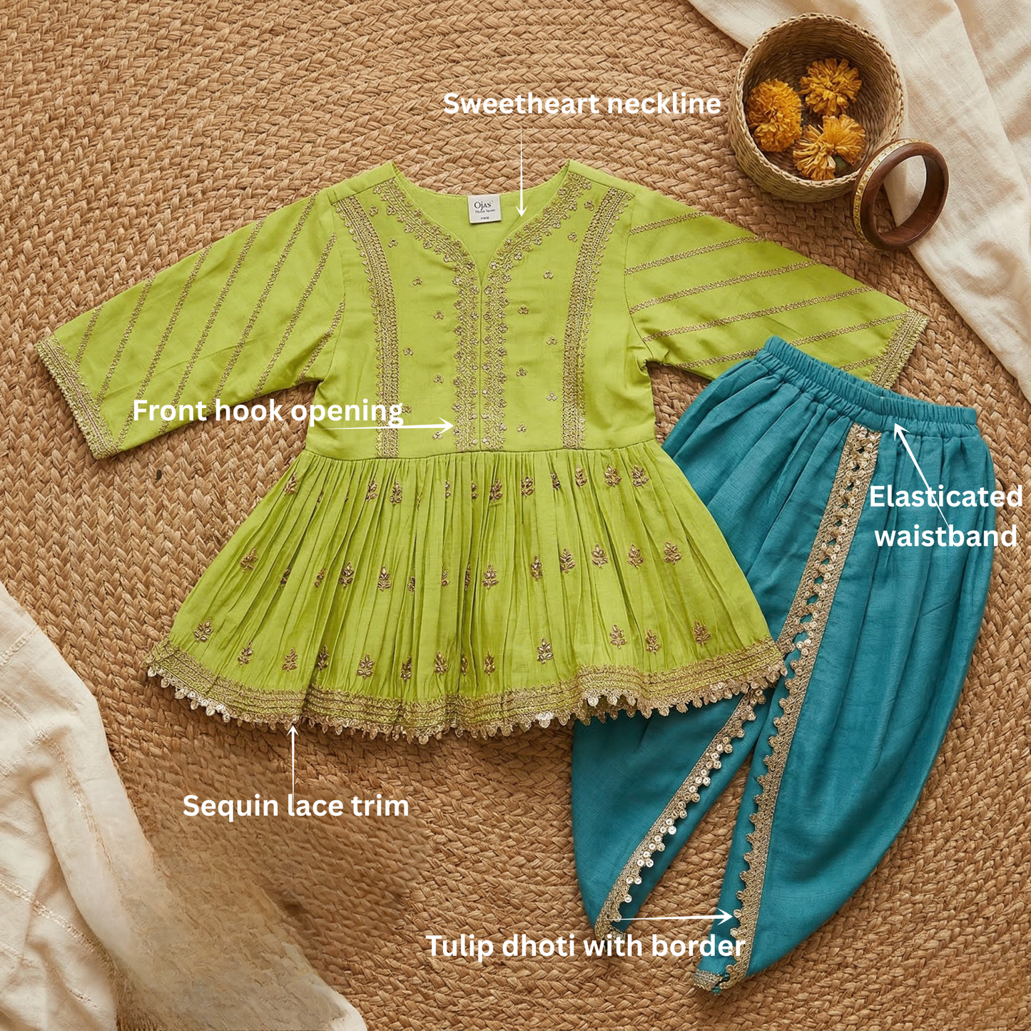 Gold Zari-Embroidered peplum-style top paired with a classic Dhoti. - My Store