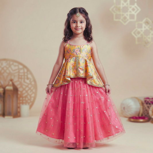 Floral printed peplum top paired with a sequin-embroidered net lehenga. - My Store