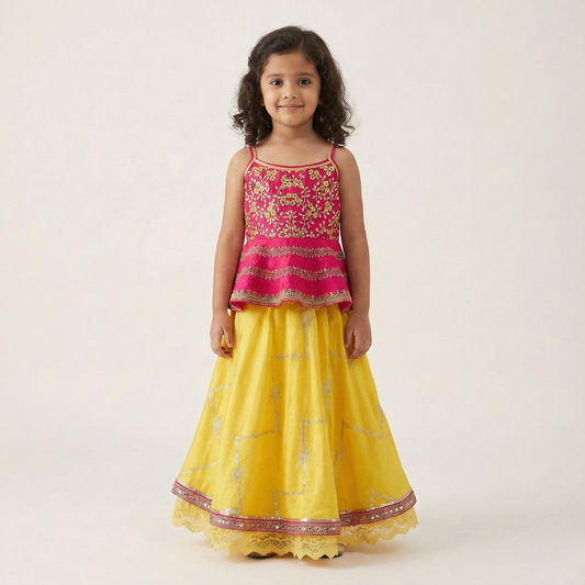 Flared Peplum Top with Gold Zari Embroidery, Paired with a Flared Lehenga. - My Store