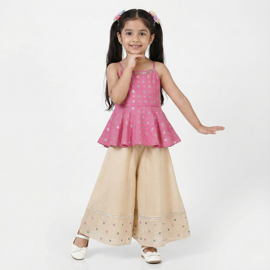 Flared Peplum Chanderi Top Featuring Delicate Motifs work, Paired with Embroidered Flared Palazzos. - My Store