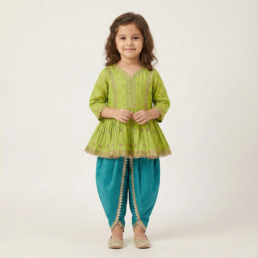 Gold Zari-Embroidered peplum-style top paired with a classic Dhoti. - My Store