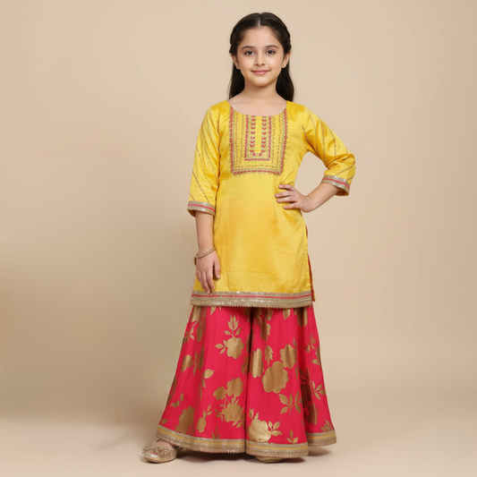 A Beautifully Yoke-Embroidered Top Complemented by Gold Floral- Foile Printed Palazzos. - My Store