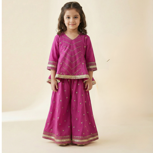 Gold Embroidered Majenta Pink Flared Kurta with Embroidered Flared Palazzo. - My Store