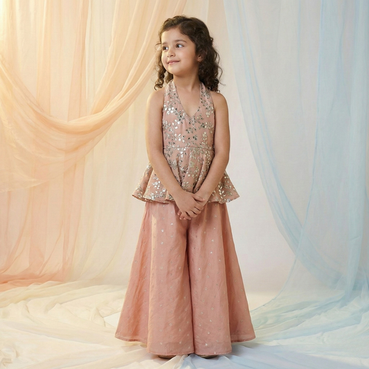 Shimmering Sequin Halter-Neck Flared Top paired with wide-Flared Palazzos - My Store