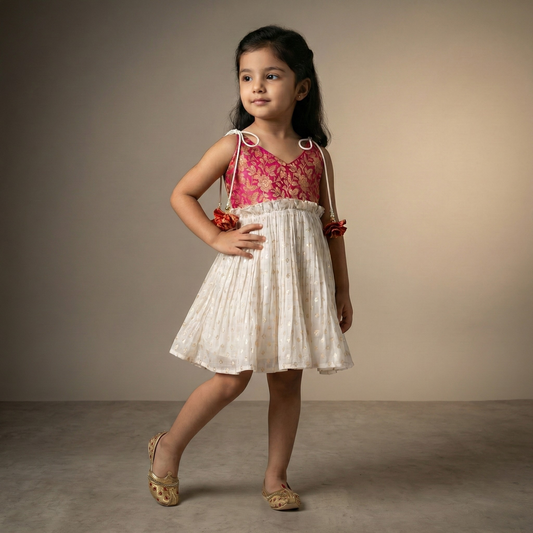 Magenta Brocade Sleeveless Dress with Ivory Flared Skirt & Tassel Tie-Ups. - My Store