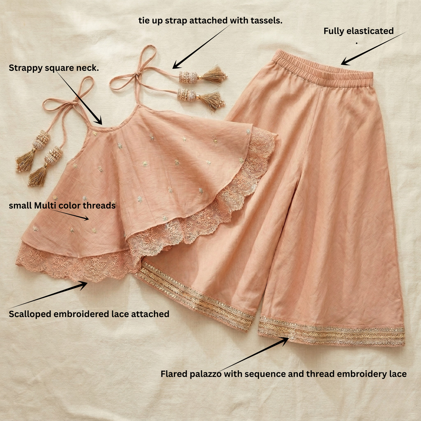 Peach Embroidered Strappy Flared Top Paired with Matching Flared Palazzo Pants. - My Store