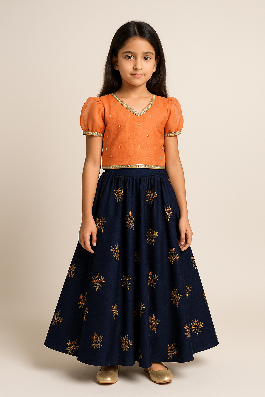 Mirror Work Embroidered Top with Flared Multi Color Lehenga. - My Store