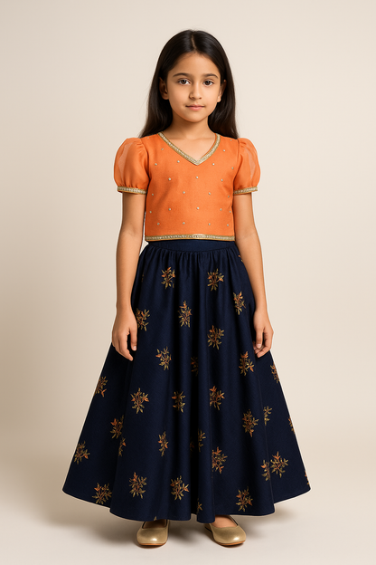 Mirror Work Embroidered Top with Flared Multi Color Lehenga. - My Store