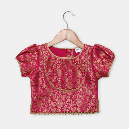 Magenta pink Brocade Top with Gotta lace detailing, paired with a flared Lehenga. - My Store