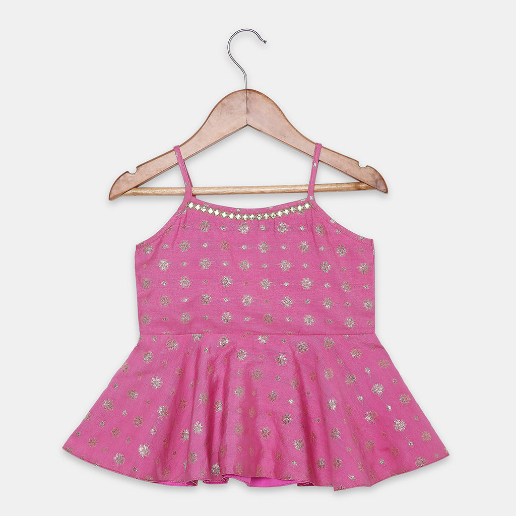 Flared Peplum Chanderi Top Featuring Delicate Motifs work, Paired with Embroidered Flared Palazzos. - My Store