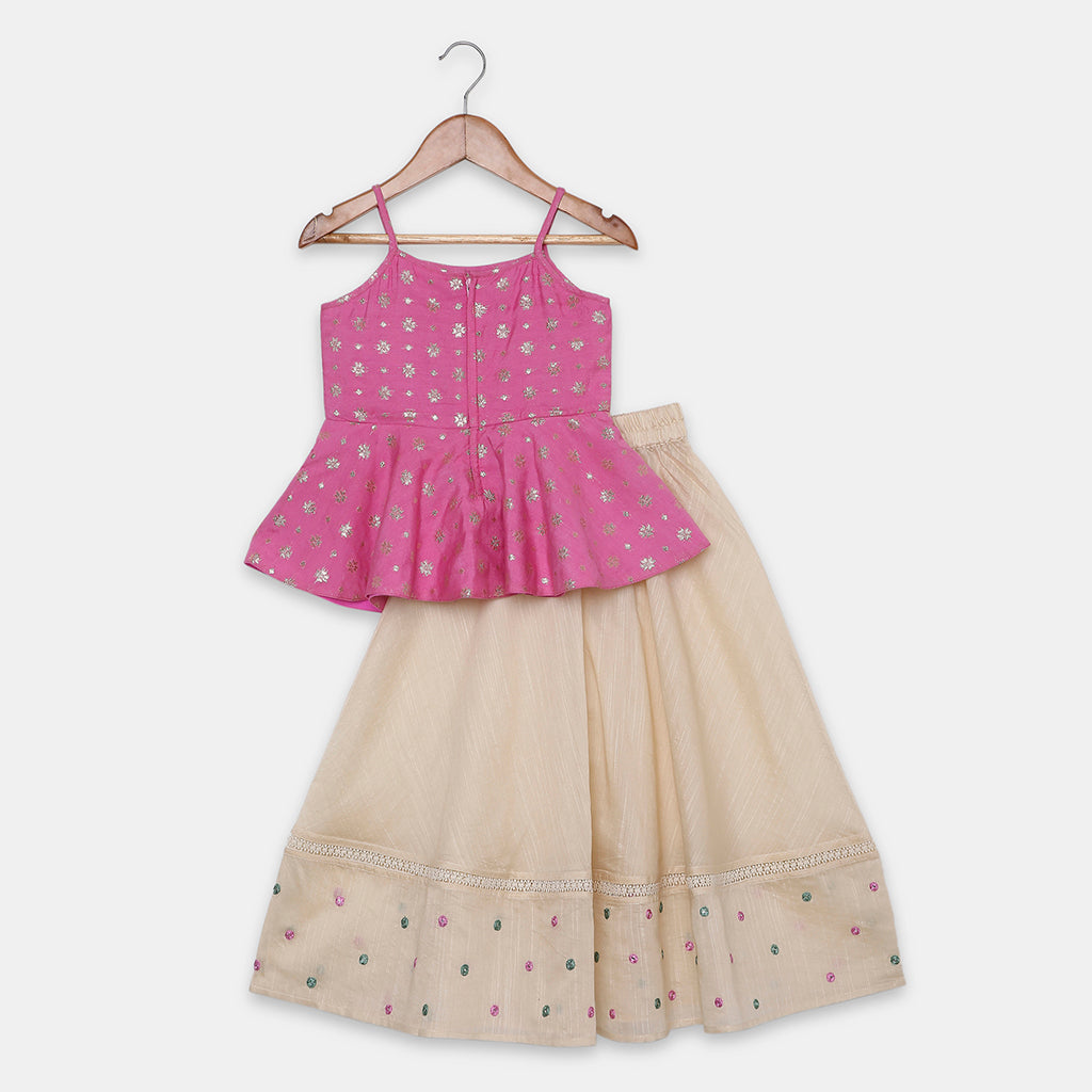 Flared Peplum Chanderi Top Featuring Delicate Motifs work, Paired with Embroidered Flared Palazzos. - My Store