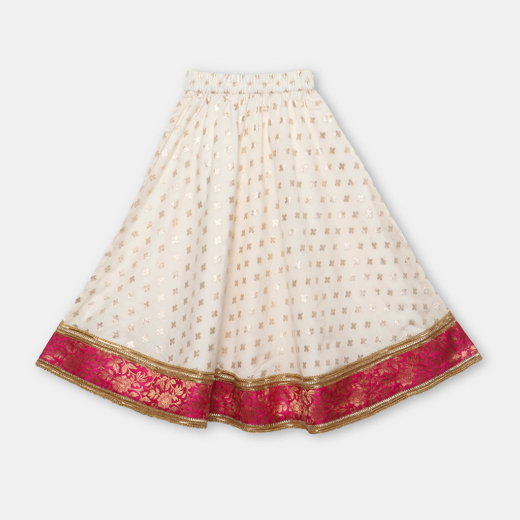 Magenta pink Brocade Top with Gotta lace detailing, paired with a flared Lehenga. - My Store