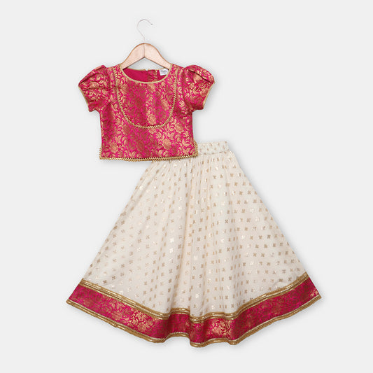 Magenta pink Brocade Top with Gotta lace detailing, paired with a flared Lehenga. - My Store