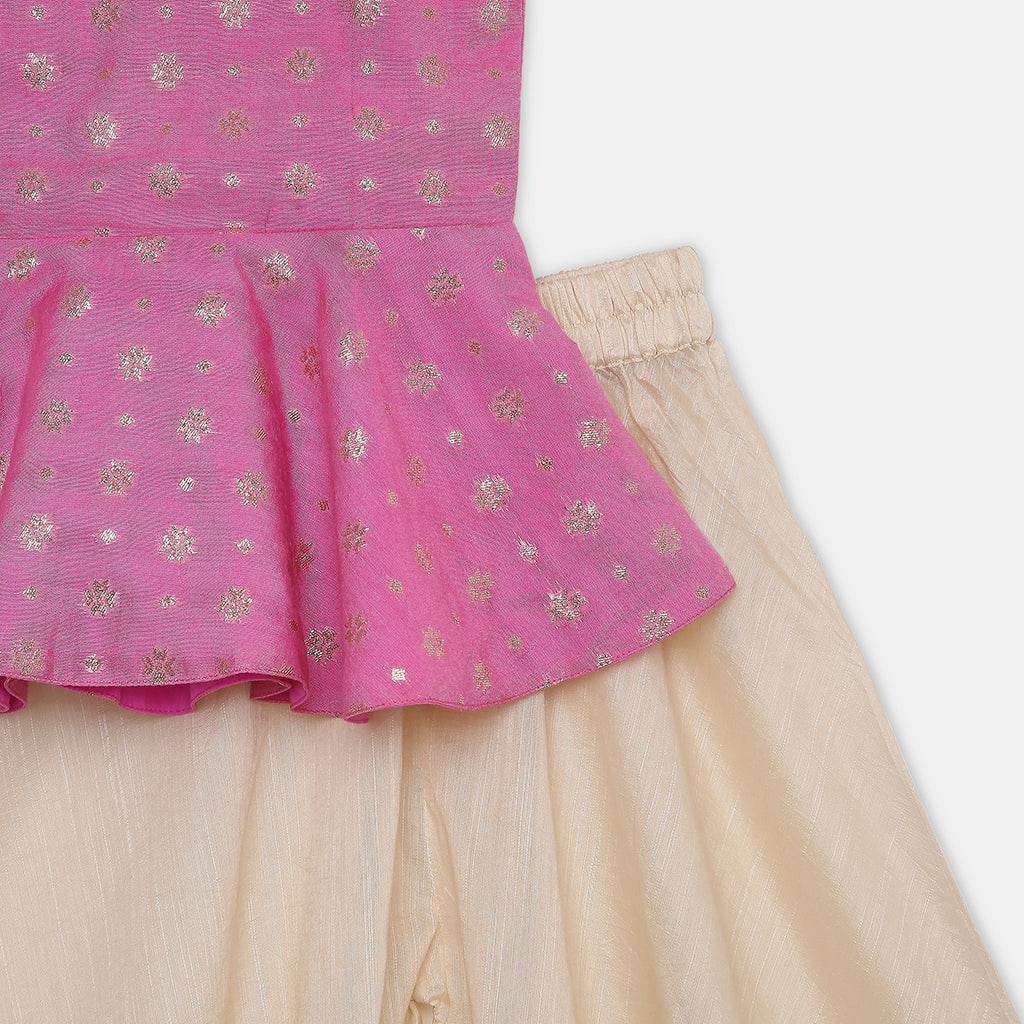 Flared Peplum Chanderi Top Featuring Delicate Motifs work, Paired with Embroidered Flared Palazzos. - My Store