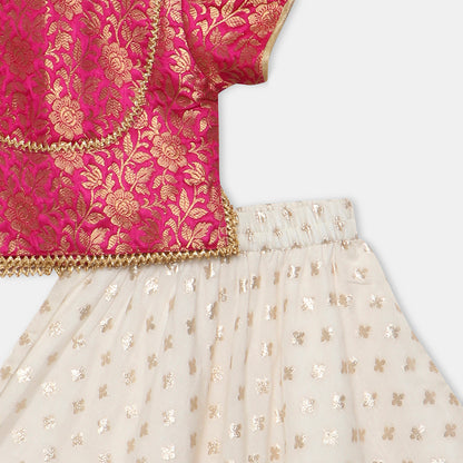 Magenta pink Brocade Top with Gotta lace detailing, paired with a flared Lehenga. - My Store