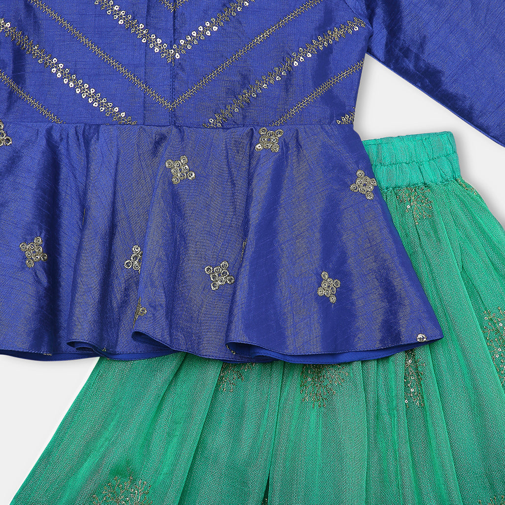 Gold Zari and Sequence Work Peplum Top with Shaded Lehenga. - My Store