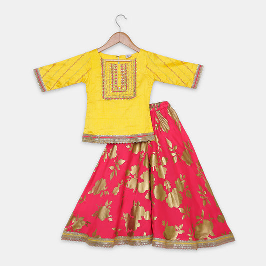 A Beautifully Yoke-Embroidered Top Complemented by Gold Floral- Foile Printed Palazzos. - My Store