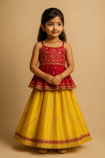 Flared Peplum Top with Gold Zari Embroidery, Paired with a Flared Lehenga. - My Store