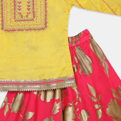 A Beautifully Yoke-Embroidered Top Complemented by Gold Floral- Foile Printed Palazzos. - My Store