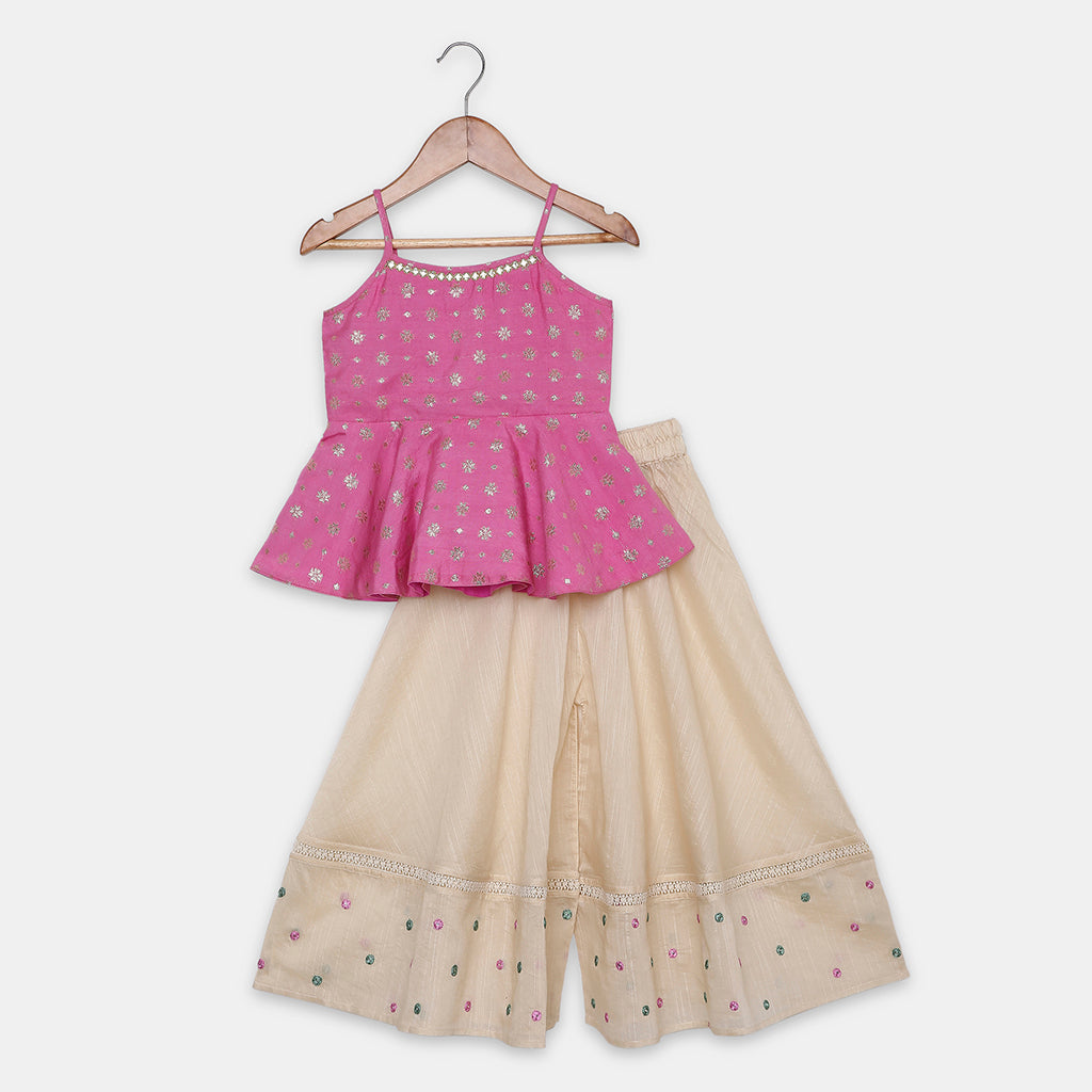 Flared Peplum Chanderi Top Featuring Delicate Motifs work, Paired with Embroidered Flared Palazzos. - My Store