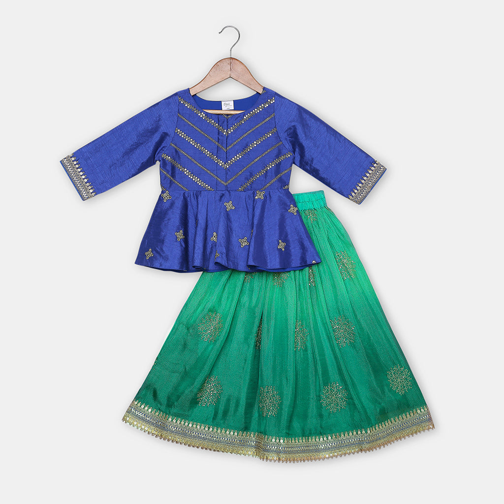 Gold Zari and Sequence Work Peplum Top with Shaded Lehenga. - My Store
