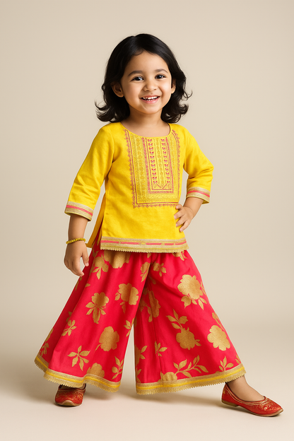 A Beautifully Yoke-Embroidered Top Complemented by Gold Floral- Foile Printed Palazzos. - My Store
