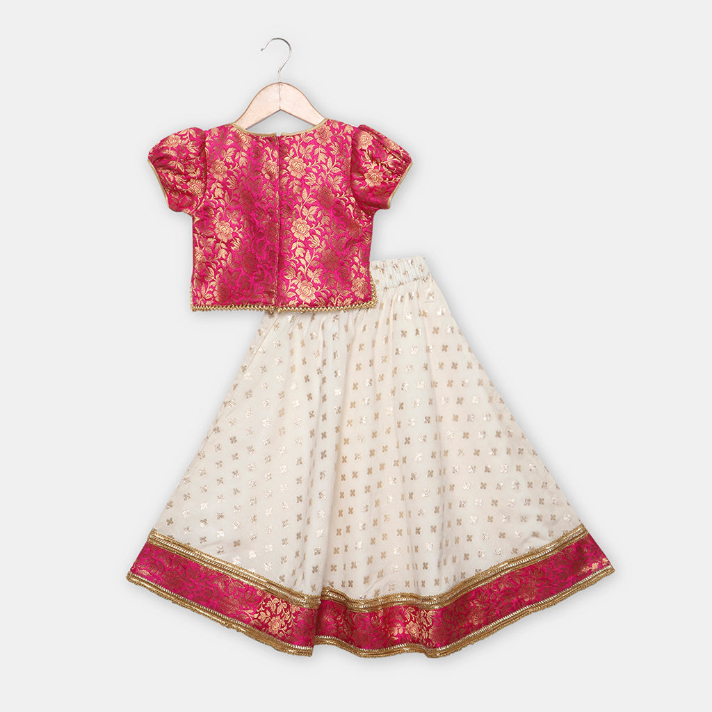Magenta pink Brocade Top with Gotta lace detailing, paired with a flared Lehenga. - My Store