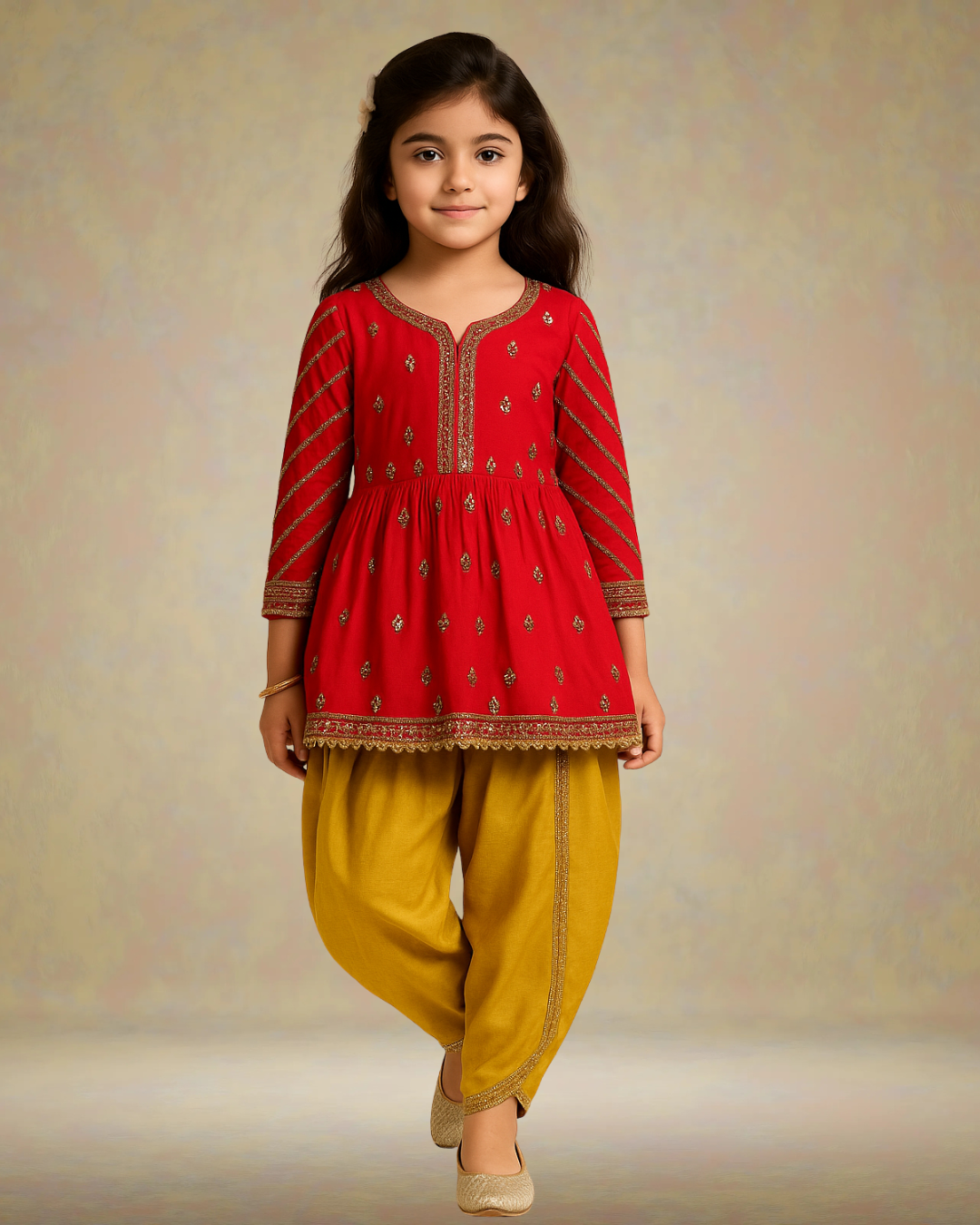 Gold Zari-Embroidered Peplum-Style Top Paired with a Classic Dhoti. - My Store