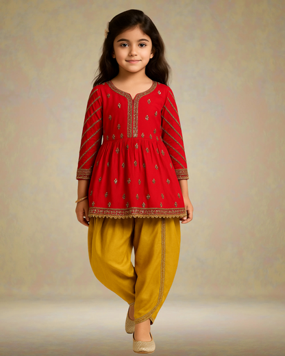 Gold Zari-Embroidered Peplum-Style Top Paired with a Classic Dhoti. - My Store