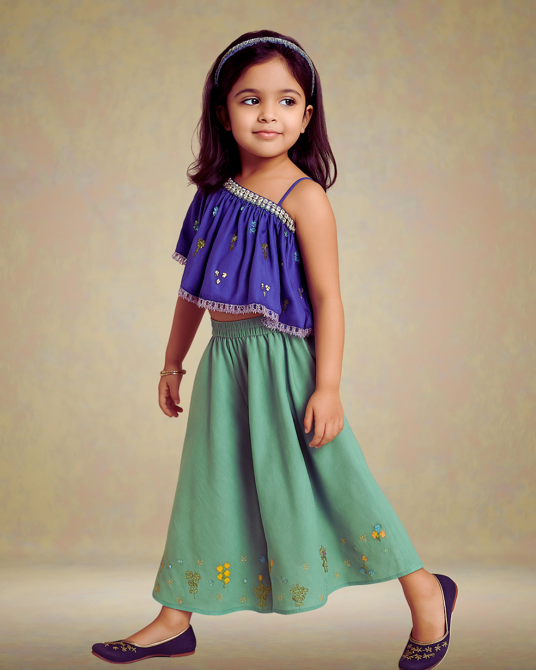 Multicolored Thread Embroidered One Shoulder Top with Palazzo. - My Store