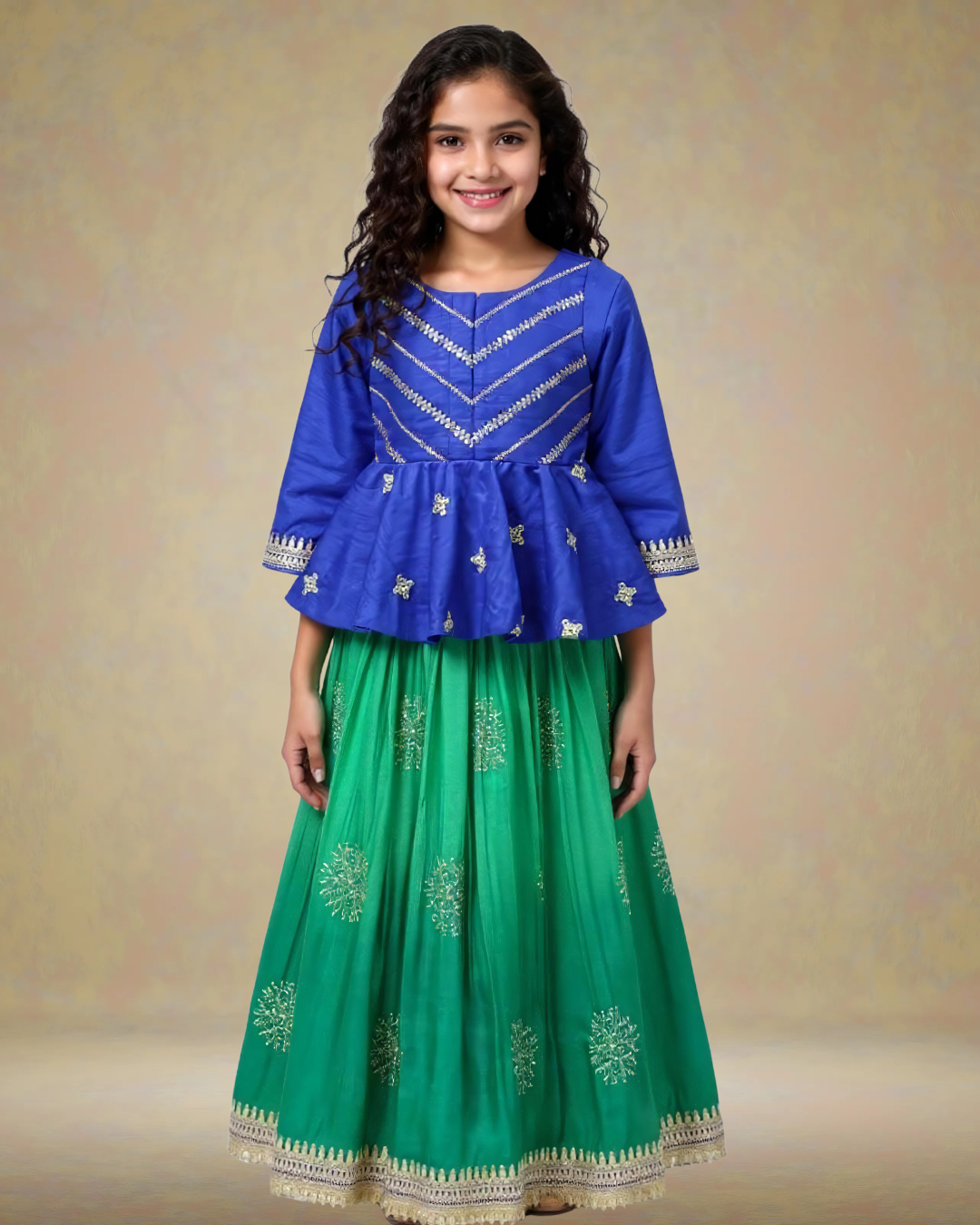 Gold Zari and Sequence Work Peplum Top with Shaded Lehenga. - My Store