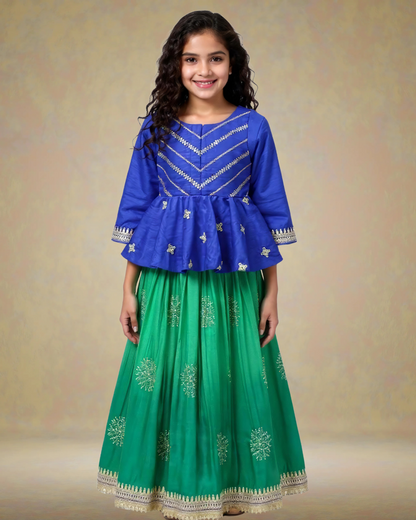 Gold Zari and Sequence Work Peplum Top with Shaded Lehenga. - My Store