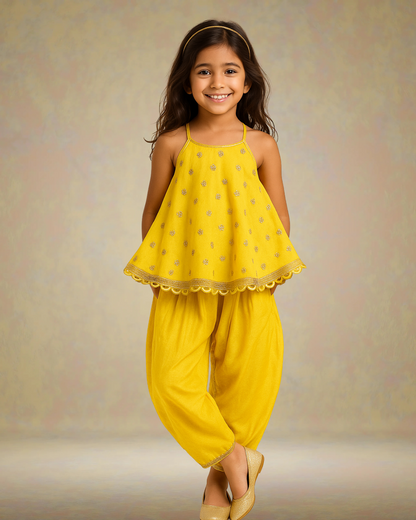 Yellow Embroidered Flared Top Paired with a Tulip-Style Dhoti. - My Store