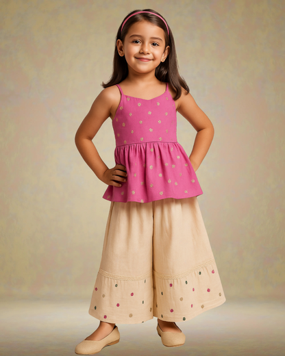 Flared Peplum Chanderi Top Featuring Delicate Motifs work, Paired with Embroidered Flared Palazzos. - My Store