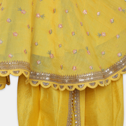 Yellow Embroidered Flared Top Paired with a Tulip-Style Dhoti. - My Store