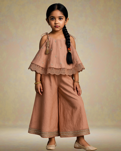 Peach Embroidered Strappy Flared Top Paired with Matching Flared Palazzo Pants. - My Store