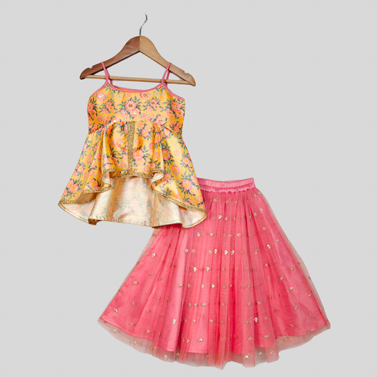 Floral printed peplum top paired with a sequin-embroidered net lehenga. - My Store
