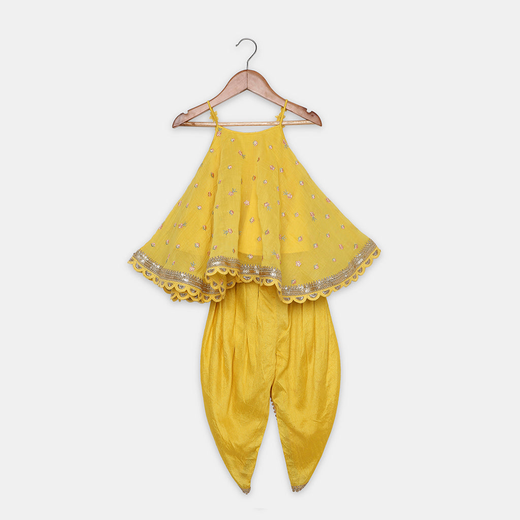 Yellow Embroidered Flared Top Paired with a Tulip-Style Dhoti. - My Store