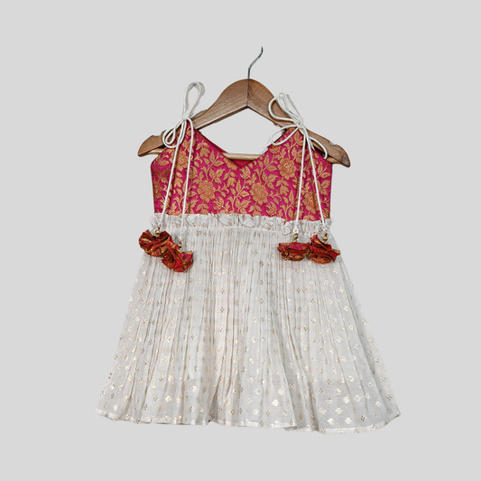 Magenta Brocade Sleeveless Dress with Ivory Flared Skirt & Tassel Tie-Ups. - My Store