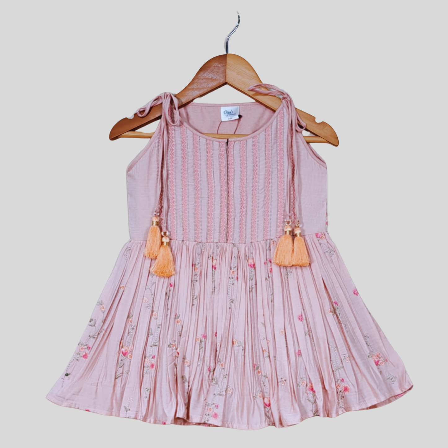Blush Pink Embroidered Sleeveless Dress with Floral Print & Tassel Detail - My Store
