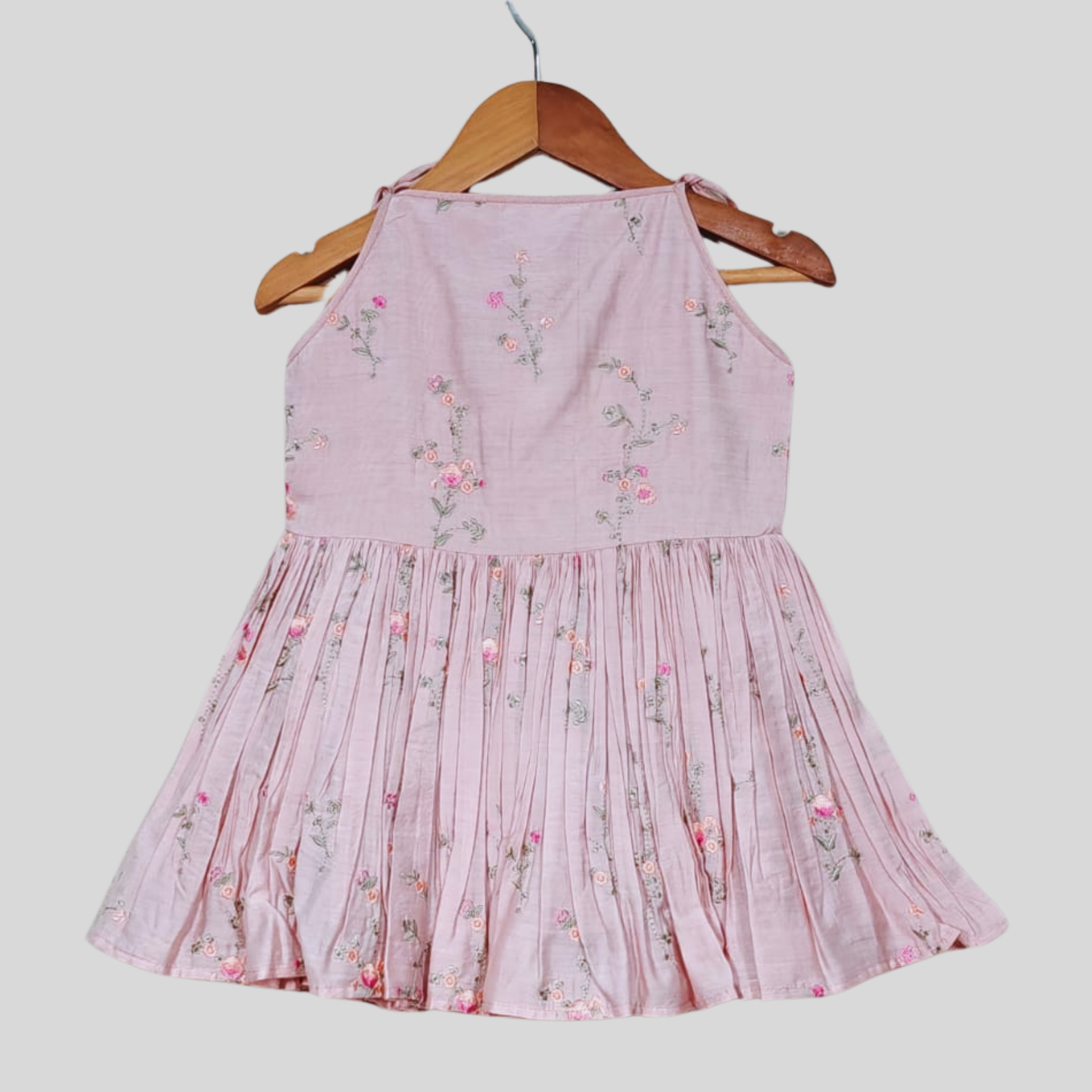 Blush Pink Embroidered Sleeveless Dress with Floral Print & Tassel Detail - My Store