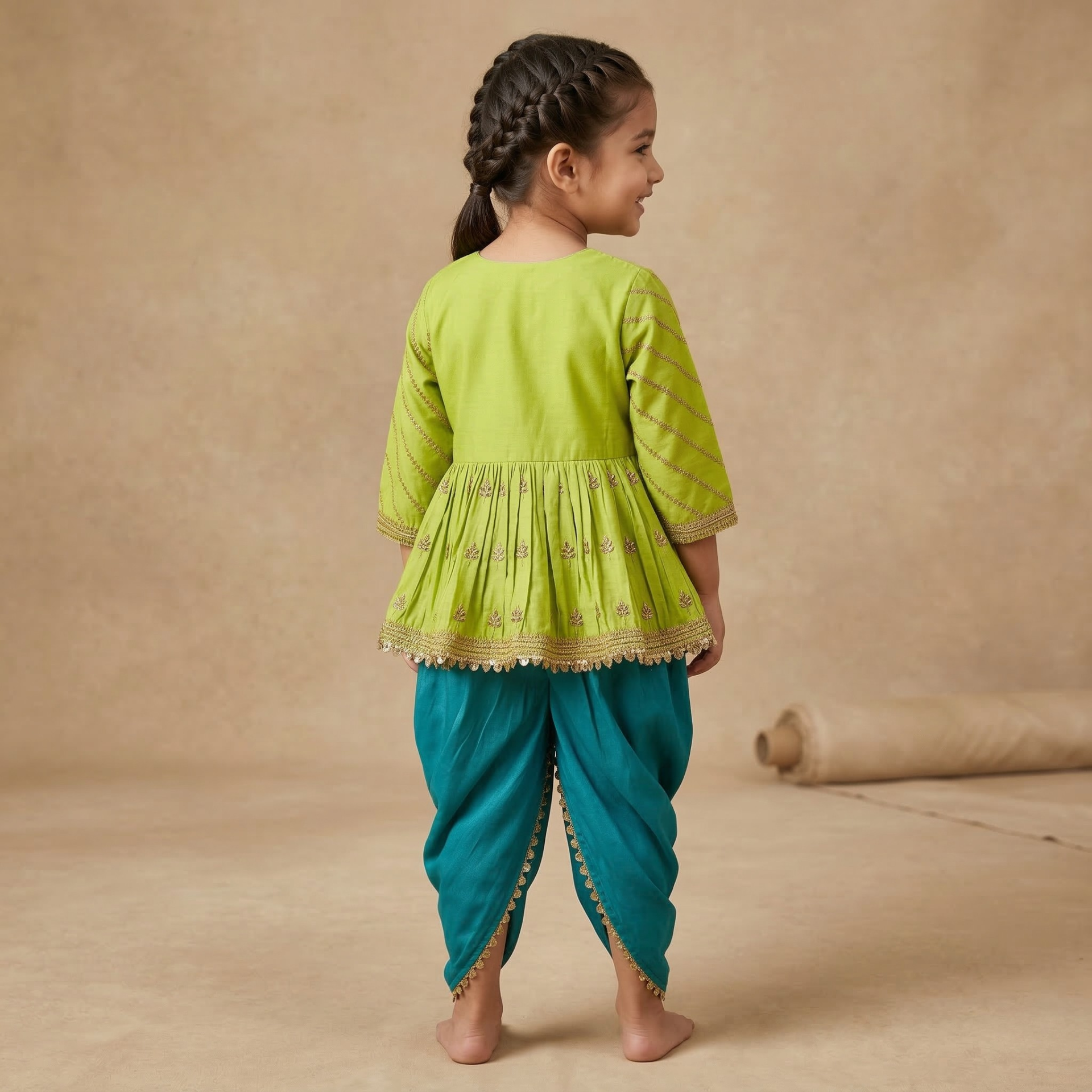 Gold Zari-Embroidered peplum-style top paired with a classic Dhoti. - My Store