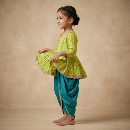 Gold Zari-Embroidered peplum-style top paired with a classic Dhoti. - My Store