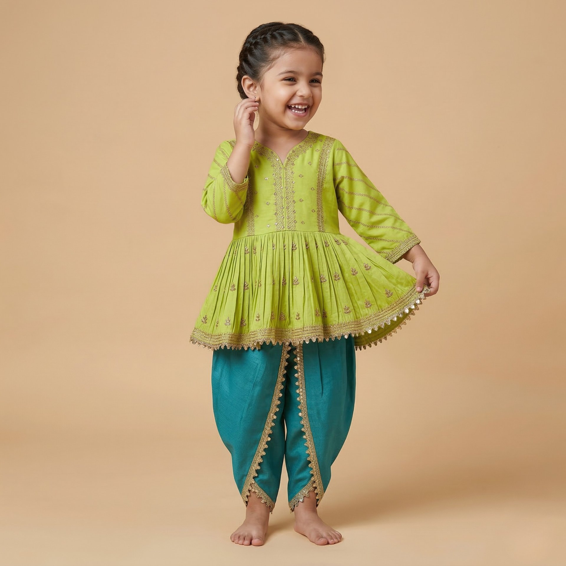 Gold Zari-Embroidered peplum-style top paired with a classic Dhoti. - My Store