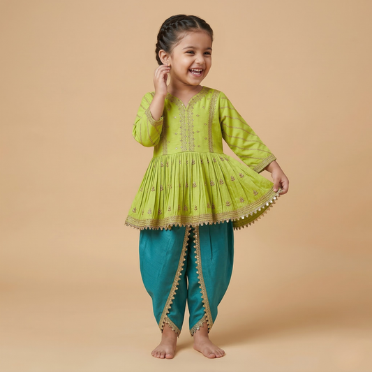 Gold Zari-Embroidered peplum-style top paired with a classic Dhoti. - My Store