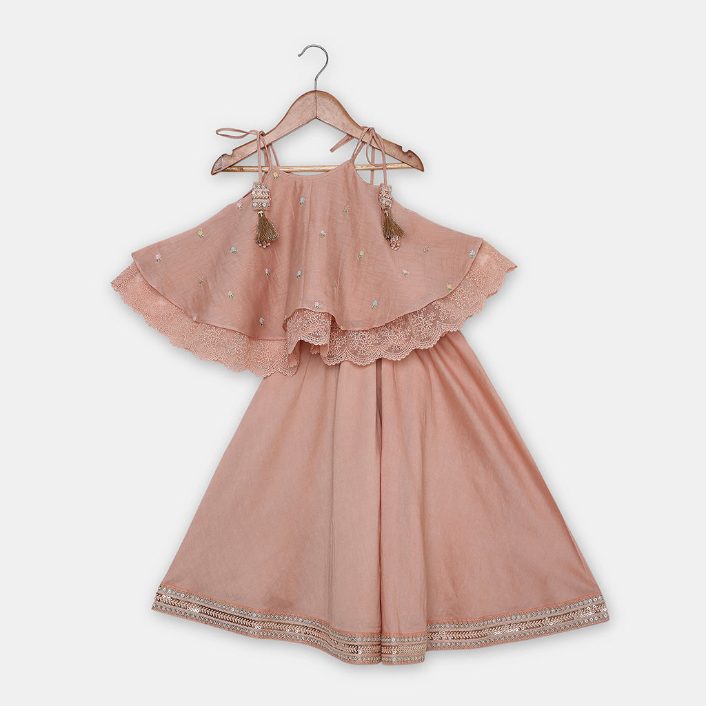 Peach Embroidered Strappy Flared Top Paired with Matching Flared Palazzo Pants. - My Store