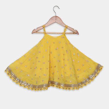 Yellow Embroidered Flared Top Paired with a Tulip-Style Dhoti. - My Store