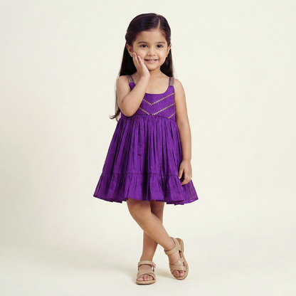 Deep Purple Sleeveless Dress with Gold Threads Detailing & Tiered Flared Hem. - My Store